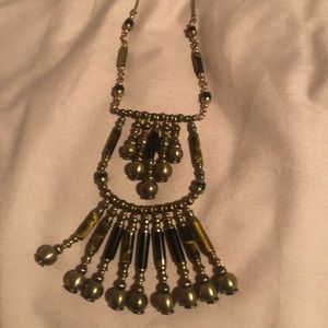 Onyx Beaded Tiered Fringe Bib Brass Necklace